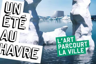 Affiche UEAH montrant une des nouvelles œuvres installée dans le bassin du Commerce au Havre. - Agrandir l'image, fenêtre modale