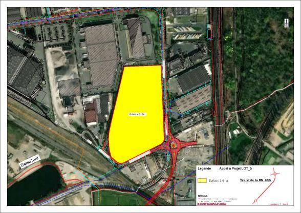 Schéma de la parcelle de 3,4 ha disponible sur le port de Bonneuil ; on y voit également le rond-pont d'accès à la future nouvelle entrée du port. - Agrandir l'image, fenêtre modale