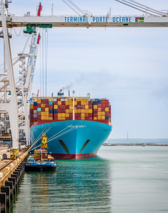 Barge fluvial et navire porte conteneurs sur port 2000 au Havre. - Agrandir l'image, fenêtre modale