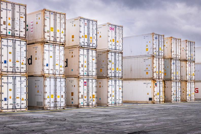 Alignement de conteneurs reefer stockés sur le terminal de France du port du Havre - Agrandir l'image, fenêtre modale